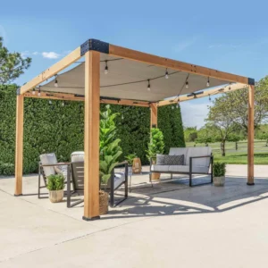 Backyard Discovery Brendan 12' x 10' Cedar Wood Outdoor Patio Pergola Kit with Shade Sail Canopy and PowerPort